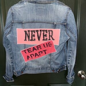 Denim Jacket with Pink Graphic Patches